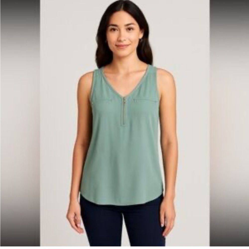 Chic zipper front V-Neck Green Tank Top